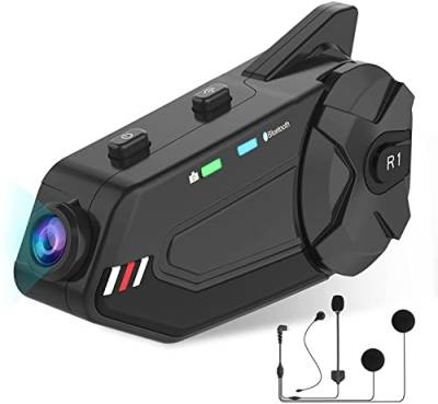 OBEST Motorrad Bluetooth Gegensprechanlage Motorradhelm Kopfhörer mit 1080P Kamera, 1000M 6 Riders Group Intercom, wasserdicht, mit FM-Karte/Bluetooth 5.0/64G TF/2-in-1 Mikrofon von OBEST