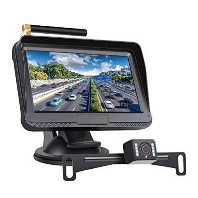 Kabelloses Rückfahrkamera-Kit, 4,3“ HD-Digital-Display, IP68 wasserdichte Nachtsichtkamera mit Langer Halterung, 12/36 Volt Rückfahrsystem für LKWs, PKWs und Minivans von OBEST