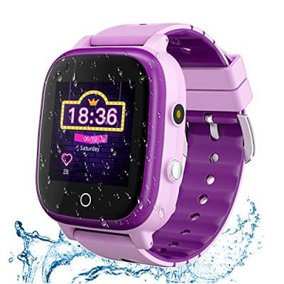 Kein MetallSmart Watch für Kinder, 4G Kids Smartwatch Phone IP67 Wasserdichte Armbanduhr Jungen Mädchen mit GPS,Kamera,SOS,Anruf,Rechner,Touchscreen,Video-Chat für Kinder im Alter von 3-12 Violett von OKYUK