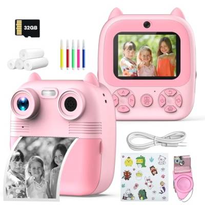 KinderKamera 1080P, D8 Digitalkamera für Kinder mit 4 Rollen Druckpapier, 32G TF Karte, Farbigen Stiften, 2.8 Zoll-Bildschirm Sofortbildkamera, Videokamera Schwarzweiß Fotokamera, Geschenk für Kinder von OKYUK