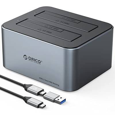 ORICO Aluminium Dual Festplatten Dockingstation, USB 3.2 Gen 2 Docking Station für SATA 2,5/3,5 Zoll SSD/HDD, 2 Einschüben, 12V 3A Netzteil, Unterstützt 2 * 18 TB, Werkzeuglose(6626C3) von ORICO