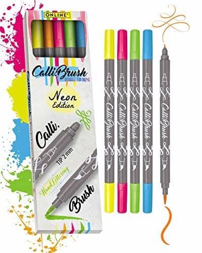 ONLINE Brush-Pen Set Calli.Brush NEON I 5 Double-Tip Pinselstifte mit Kalligrafie-Spitze & Pinselspitze I Ungiftige Handlettering Stifte als Kalligraphie Set für Bullet Journals, Aquarell, Mandalas von Online