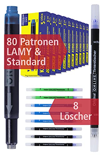 Online 80x kompatible LAMY Patronen blau & 8x Tintenkiller, Vorteilspack, für alle gängigen Füller, löschbar, auswaschbar, auch für Tintenpatronen-Rollerbälle von Online