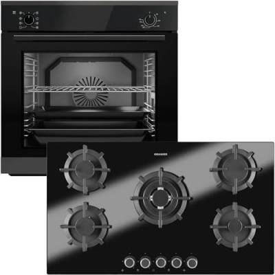 Oranier Einbau-Backofen Set EBS320 autark - 9 Funktionen inkl. 90 cm Gas-Glaskeramik-Kochfeld GKH890-5 Kochstellen mit Design Bedienknebel von Oranier