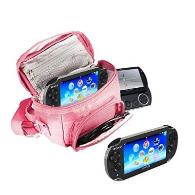 Orzly® - SPIELE & KONSOLEN (REISE-) TASCHE für die Sony PSP Konsolen (GO / VITA /1000/2000/3000) mit speziellen Fächern für die Aufbewahrung von Spielen und Zubehör. Tasche enthält Schultergurt, Tragegriff und eine Gürtelschlaufe – Pink / Rosa von Orzly