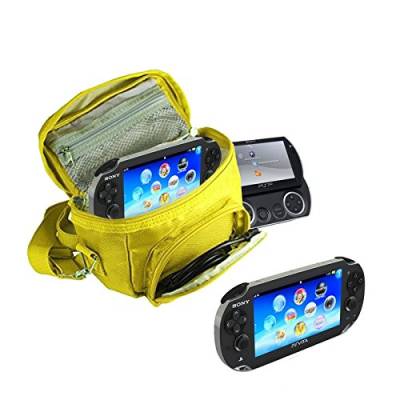 Orzly® - SPIELE & KONSOLEN (REISE-) TASCHE für die Sony PSP Konsolen (GO / VITA /1000/2000/3000) mit speziellen Fächern für die Aufbewahrung von Spielen und Zubehör. Tasche enthält Schultergurt, Tragegriff und eine Gürtelschlaufe - GELB von Orzly