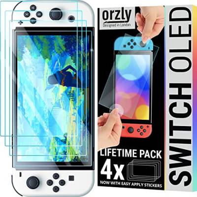 Orzly Displayschutzfolie für Nintendo Switch OLED-Konsole 2021 Modell, gehärtetes Glas, einfache Installation, Life-Time-Edition, 4 Stück von Orzly