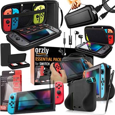 Orzly Switch Accesoires, Zubehör für Nintendo Switch (Panzerglas Schutzfolien, USB Ladekabel, Konsole Tragetasche, Spiele Patronenhülse, Comfort Grip Case, Kopfhörer)-SCHWARZ von Orzly