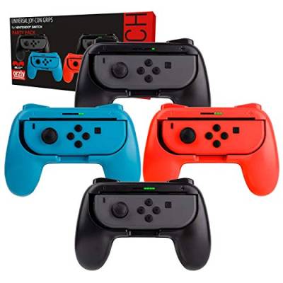 Orzly Switch Controller Griffe (Party Pack der 4X Grips fur Multiplayer Spiele, Super Smash Bros Switch Kompatible, für Nintendo Switch JoyCon Controllers) Vier Griffen (1x Rot, 1x Blau, 2X Schwarz) von Orzly