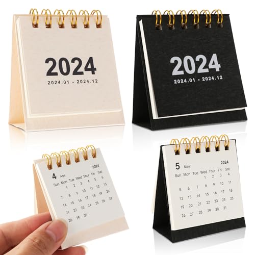 Ouligay 2 Stück 2024 Mini Tischkalender 8.9 X 6.5cm Mini Stehkalender 2024, Kleiner Tischkalender 2024 Mini Desk Calendar 2024 für Home Office School (Mini Weiß Schwarz) von Ouligay