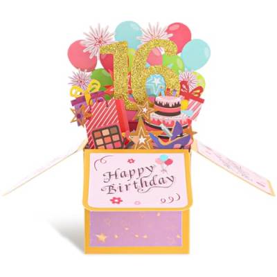 Ouligay 3D Pop Up Karte Geburtstag, Geburtstagskarte, Pop Up Grußkarten Geburtstagskarten mit Umschlag für Freund Männer Frauen Kinder Romantik Geschenk-Karte zum 16.Geburtstag (16th) von Ouligay