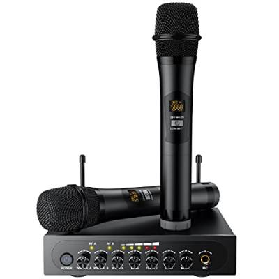 PROZOR UHF Funkmikrofon Set 2X Drahtlos Dynamisch Mikrofone + 2-Kanal UHF Empfänger Festfrequenz Bluetooth Empfänger RCA AV Receiver Mikro Karaoke Handmikrofon System von PROZOR