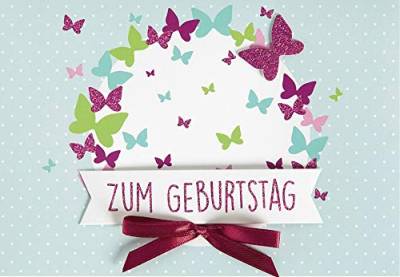 Geburtstagskarte Lifestyle - Schmetterlinge, Applikation Schleife - 11,6 x 16,6 cm von Perleberg
