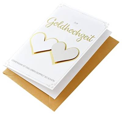 Perleberg Goldhochzeit Karte mit Umschlag in Gold - hochwertige Glückwunschkarte mit zwei Herzen - Karte Hochzeit - Maße 11,6 x 16,6 cm - Glückwunsch goldene Hochzeit - Grußkarte von Perleberg