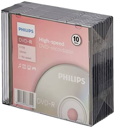 Philips DVD-R Rohlinge (4.7 GB Data/120 min. Video, 16x High-Speed-Aufnahme, 10er Slim Jewel Case) von Philips