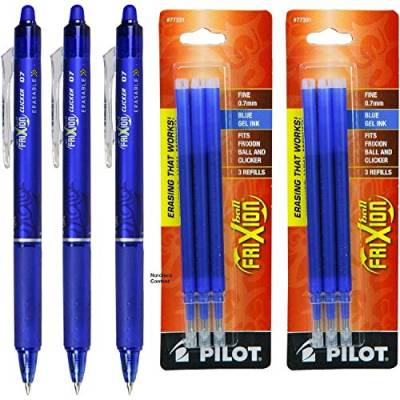 Pilot - 3 x radierbare Kugelschreiber Frixion Clicker blau und sechs Nachfüllminen, NFCA/NRFXA von Pilot