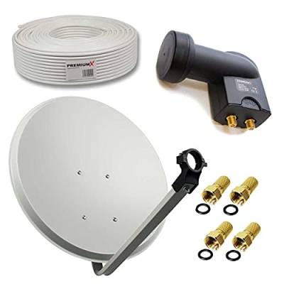 PremiumX Satelliten-Komplettanlage 60cm Satellitenschüssel SAT Twin LNB bis 2 Teilnehmer 50m Antennenkabel 4X F-Stecker von Premium X