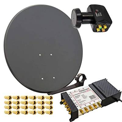 PremiumX Satelliten-Komplettanlage 80cm Satellitenschüssel Anthrazit Multischalter 5/8 Quattro LNB 24 F-Stecker, 1 SAT für 8 Teilnehmer von Premium X