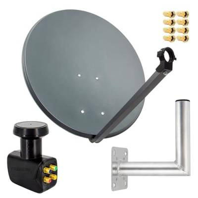 PremiumX Satelliten-Komplettanlage 80cm Satellitenschüssel Anthrazit Quad LNB 8X F-Stecker Wandhalter 25cm, 1 SAT 4 Teilnehmer von Premium X