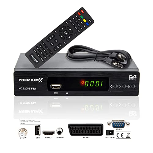 Premium X Satelliten-Receiver HD 520SE FTA Digital SAT TV Receiver DVB-S2 FullHD HDMI SCART 2X USB Multimedia-Player, Astra Hotbird vorprogrammiert von Premium X