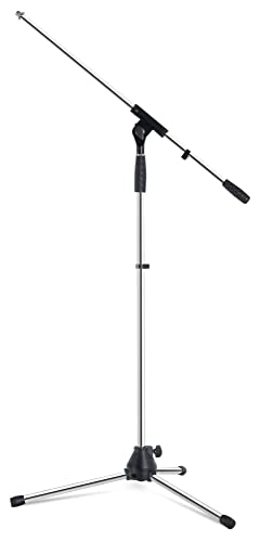 Pronomic Mikrofonständer MS-25C Pro - Dreibeinig mit Gummifüßen - Galgen in Länge und Neigung verstellbar - Robuste Klemmen und Schrauben - Inklusive Kabelklemmen und Reduziergewinde - Chrom von Pronomic
