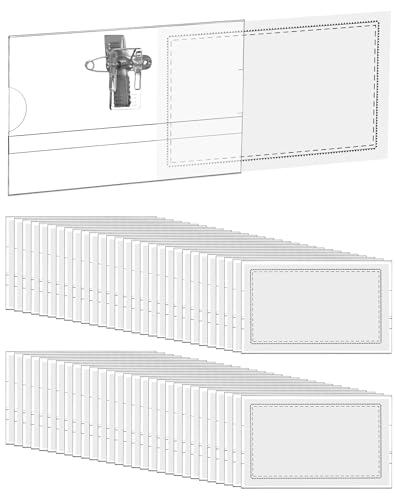 QWORK® 100 Stück Transparente namensschilder Ausweishalter mit Anstecknadel und Clip für Arbeit, Konferenz, Ausstellung - 90 mm x 56 mm von QWORK