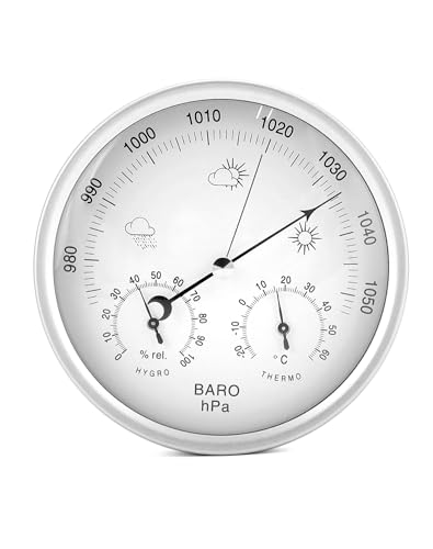 QWORK® 3in1 Wetterstation Analog Ø14 cm, Baro-/Thermo-/Hygrometer mit Edelstahl Gehäuse, Kein Batteriebedarf von QWORK
