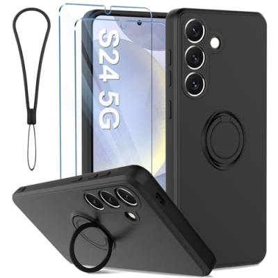 Qasyfanc Hülle Kompatibel für Samsung Galaxy S24 5G Handyhülle mit 2 Schutzfolie, 360 Grad Ring Halter Ständer Silikon Schutzhülle mit Kameraschutz, Weiches Mikrofaserfutter Case (Schwarz) von Qasyfanc