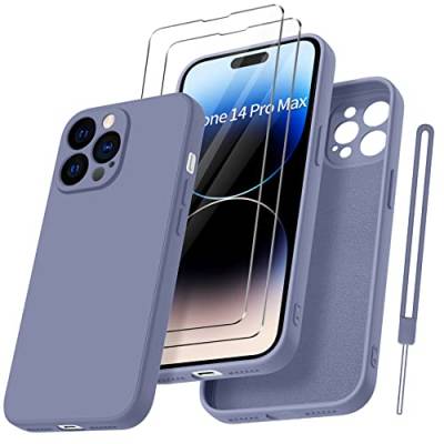 Qasyfanc für iPhone 14 Pro max Hülle Silikon case mit 2 Stück Panzerfolie, Ultra Microfiber TPU Flüssig silikon mit Kameraschutz Kratzfeste Rundumschutz HandyHülle 6.7''- Blau-grau von Qasyfanc