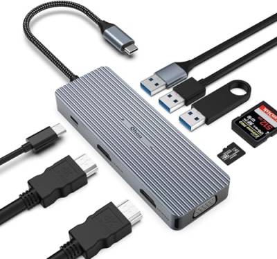 9 in 1 USB C Hub, Dreifach-Display, 2 x HDMI/VGA, Dockingstation für Mac Pro/Air, Dell, Surface, HP, Lenovo, Typ-C-Geräte (SD/TF+USB A 3.0/2.0+PD-Laden) von Qhou
