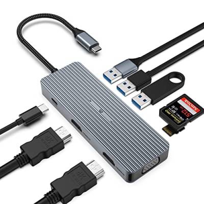 9 in 1 USB C Hub, Dreifach-Display, 2 x HDMI/VGA,USB C HUB Docking Station kompatibel mit Typ C Geräte (SD/TF+USB A 3.0/2.0+PD Aufladen) von Qhou