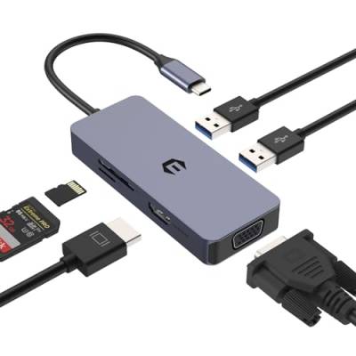 USB C Adapter, USB C HUB, Multifunktions Docking Station, 6 in 1 USB C Hub mit HDMI, VGA, USB A, USB 2.0, SD/TF Kartenleser, kompatibel mit Mac, Windows von Qhou