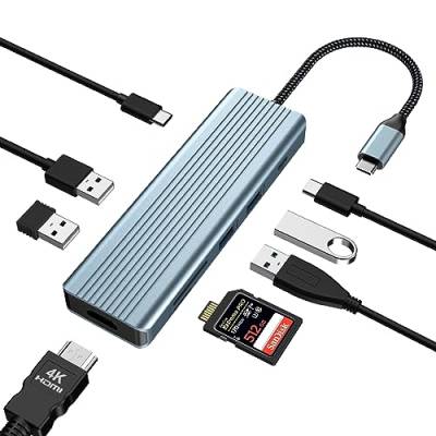 USB C Adapter HUB, USB C Docking, 9 in 1 USB C Adapter Docking mit 4K HDMI, USB C PD, USB C 3.0, 1*USB 2.0, 3*USB 3.0, SD/TF Kartenleser Kompatibel mit Laptops, Anderen USB C Geräten von Qhou