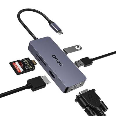 USB C HUB, 6 in 1 USB C Multiport USB C zu HDMI VGA Adapter Dual Display mit 4K HDMI, VGA, 2 USB 2.0, SD/TF USB C Docking Station für MacBook/Lenovo und andere C-Style Geräte von Qhou