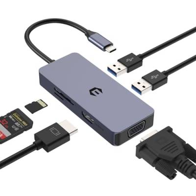 USB C HUB, Dual Monitor USB C Adapter, Multifunktions USB C Adapter Docking, 6 in 1 Hub mit VGA, HDMI, 2 USB 3.0, SD/TF Kartenleser für Laptop, Windows Systeme von Qhou