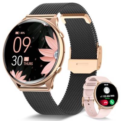 RUXINGX Smartwatch Damen mit Telefonfunktion, HD Voll Touchscreen, Fitness Tracker mit 120 Sport SpO2 Pulsuhr Schlafmonitor Menstruationszyklus, Armbanduhr für iOS Android Schwarz Roségold von RUXINGX