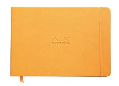 Rhodia 118248C - Webnotebook Querformat DIN A5 (14,8x21 cm), 96 Blatt, liniert Clairefontaine Papier Elfenbein 90g, Lesezeichen, Gummizugverschluss, Cover aus Kunstleder Orange, 1 Stück von Rhodia