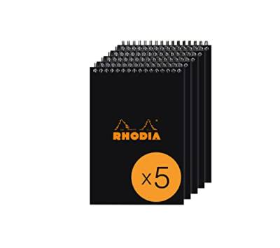 Rhodia 165019C - Packung mit 5 Notizblöcken Notepad, mit Doppelspirale, 80 Blätter liniert 80g, Schwarz, 1 Pack von Rhodia