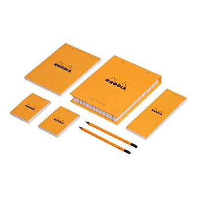 Rhodia 92001C Grundausstattung Set (mit 4 Notizblöcke kariert verschiedene Formate und 2 Stifte, praktisch, ideal für Ihr Büro oder Ihr zu Hause) 1 Set, orange von Rhodia