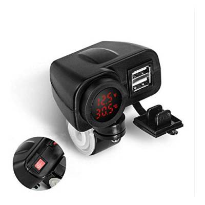 Motorrad Dual USB Multifunktions Handy Ladegerät, 2 Port USB Steckdose Dual USB + Voltmeter, 12V USB Ladegerät Motorrad Telefon Steckdose Adapter Wasserdicht von Riloer