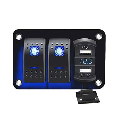 Riloer 2 Gang Kombinations-Schalter-Panel, 12V / 24V Marine Boot Auto RV LKW Dual-USB-Buchse Ein-Aus-Wippschalter Bedienfeld, mit blau/rot/grünem LED-Licht von Riloer