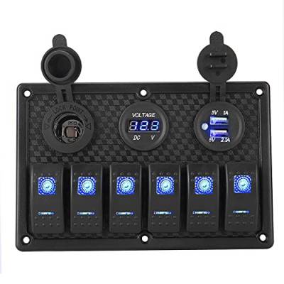 Riloer 6 Gang Kombi-Schalttafel, 12V / 24V Marine Boot Auto RV Dual USB Toggle Kippschalter Überlastschutz mit LED Licht, mit Voltmeter von Riloer