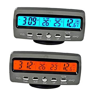 Riloer Auto Digital Thermometer Voltmeter Uhr Monitor, Multifunktionaler Auto-LCD-Digitaluhr-Thermometer, Orange + Blau von Riloer