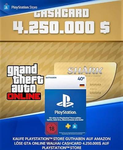40€ PlayStation Store Guthaben für GTA ONLINE "Walhai" Cashcard 4.250.000$ | Deutsches Konto [Code per Email] von Rockstar Games