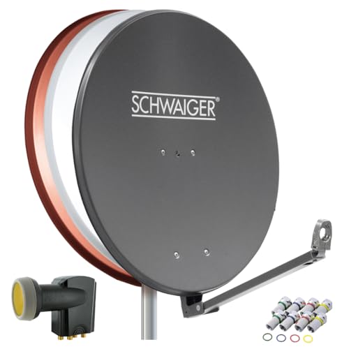 SCHWAIGER 4609 SAT-Anlage Satelliten-Set Satellitenschüssel Quad LNB digital 8X F-Stecker 7mm SAT-Antenne aus Aluminium Komplettset Anthrazit 88 x 88 cm von SCHWAIGER