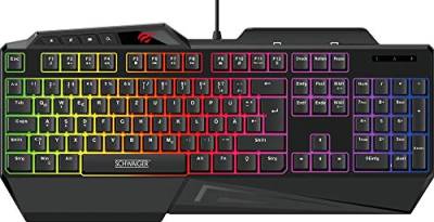 SCHWAIGER GT108 Gaming Tastatur PC Computer-Keyboard RGB Beleuchtung Anti-Ghosting-Tasten QWERTZ Smartphonehalter Handballenablage Multi-Media-Bedienelement Regenbogenfarben von SCHWAIGER