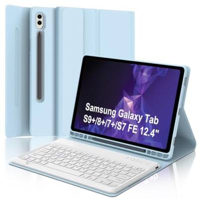 SENGBIRCH Tastatur für Samsung Galaxy Tab S9+ mit Hülle für S8+/S7+, S7FE 12,4 Zoll, Schutzhülle für Samsung Galaxy Tab S9 Plus mit Tablet-Tastatur, italienisches Layout, magnetisch, Hellblau von SENGBIRCH