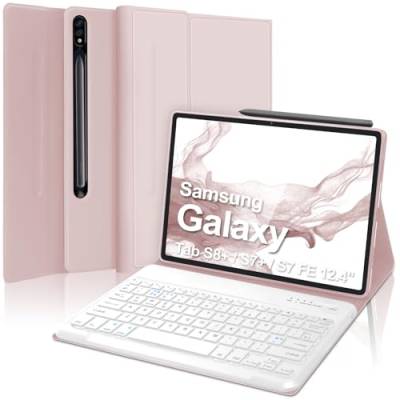 Tastatur für Samsung Galaxy Tab S7 FE / S7+ / S8+, Schutzhülle mit Tastatur Samsung Galaxy Tab S7 FE & S7 Plus & S8 Plus, Tastaturhülle Galaxy Tab S7FE/S7+/S8+, kabellose Bluetooth-Tastatur, Rosa von SENGBIRCH
