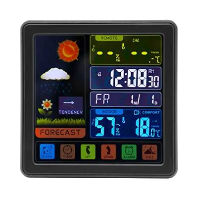 Drahtlose Wetterstation mit Outdoor Sensor Funk-gesteuerte Uhr, digitale Wetterstation, Innen-/Außenthermometer Hygrometer mit Wettervorhersage (Kunststoff schwarz) von SHZICMY