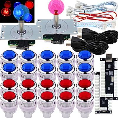 SJ@JX Arcade 2 Player Game Controller LED Buttons Chrome Paint MX Microswitch 8 Way Joystick USB Encoder Cable Stick DIY Kit for PC MAME Raspberry Pi Blue Red von SJ@JX